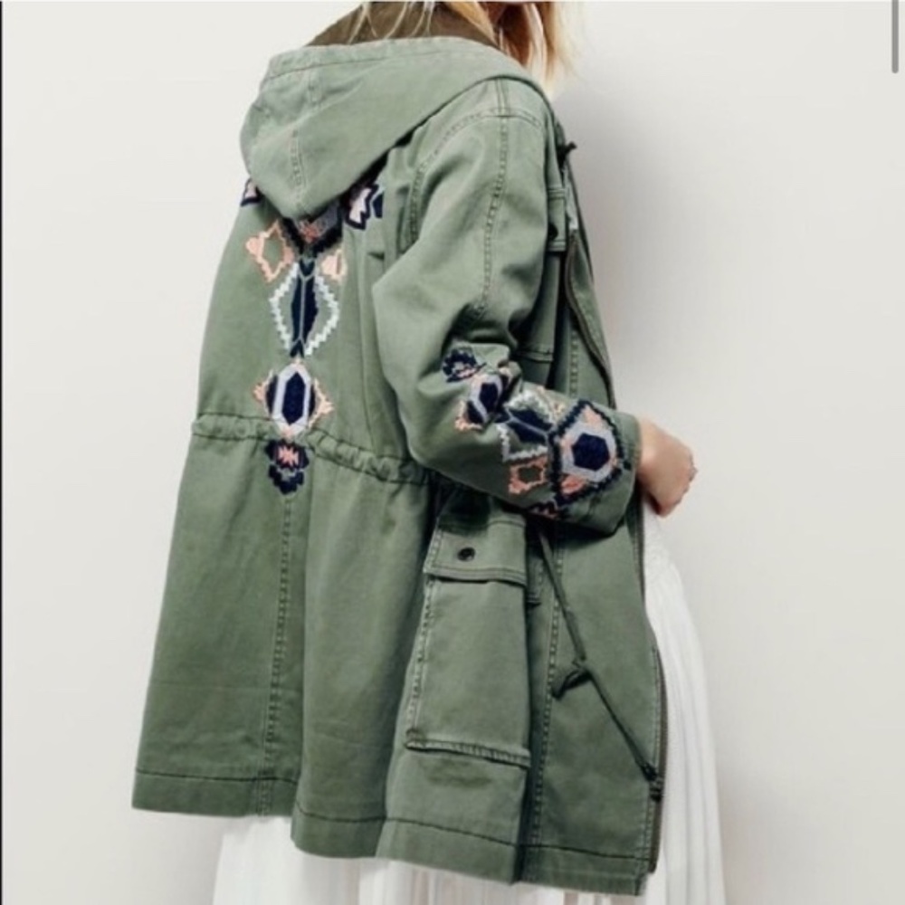 Free People Embroidered Military Parka Jacket